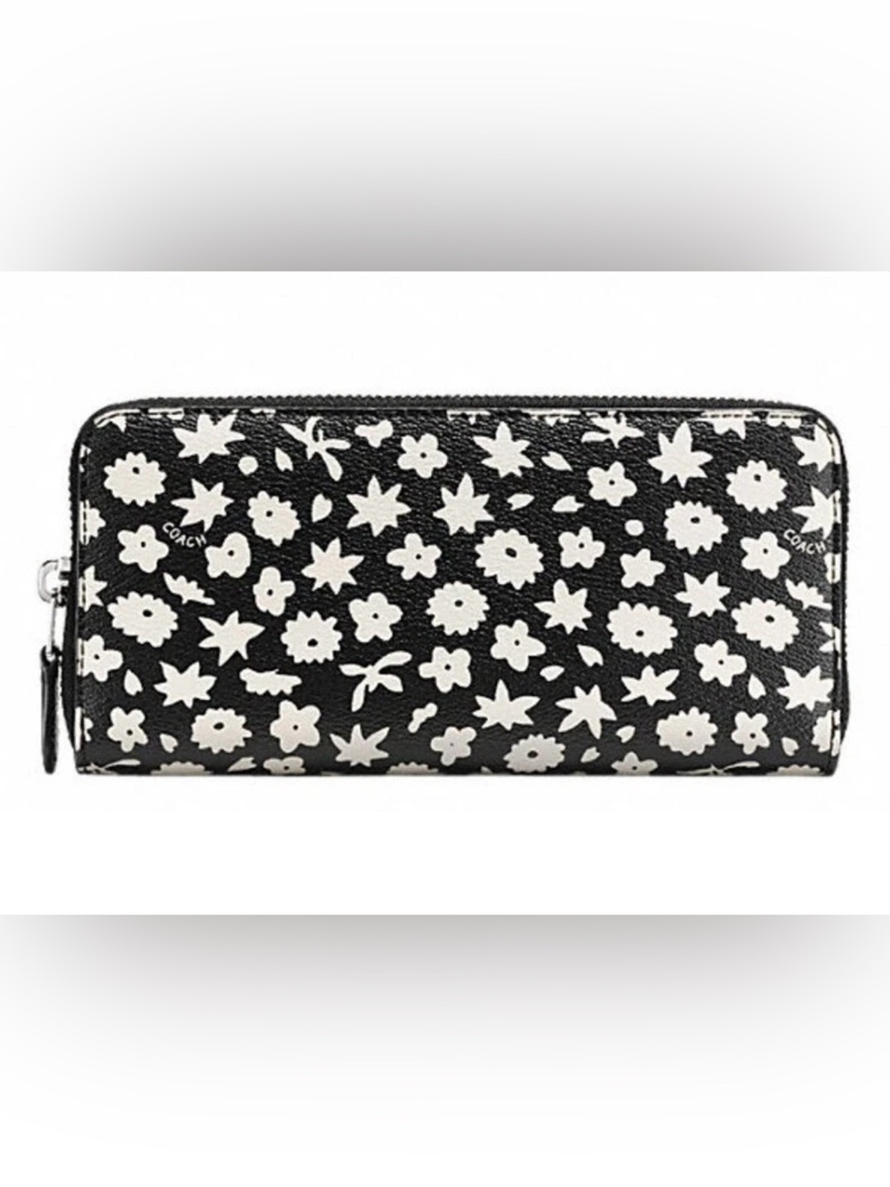 COACH Black White Graphic Floral Accordion Zip Around Slim Wallet EUC